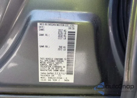 2016 Nissan Altima 2.5 Sr z USA, uszkodzony, nr VIN 1N4AL3AP9GC223757